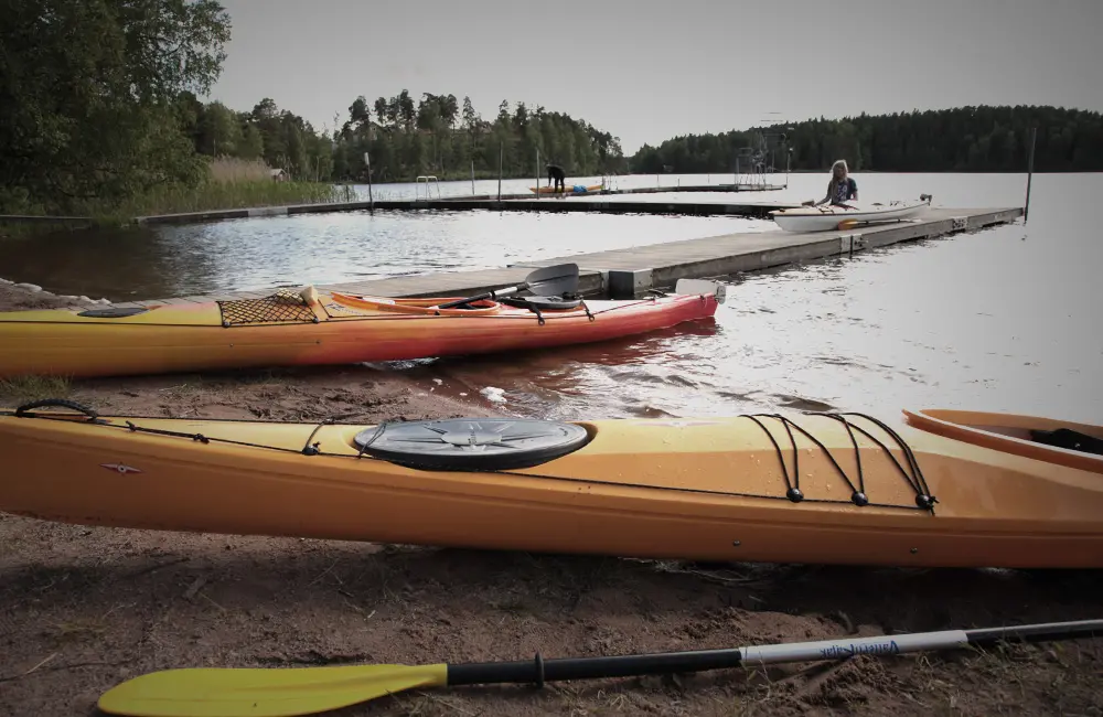 Kanoter liggandes på en strand vid en sjö.