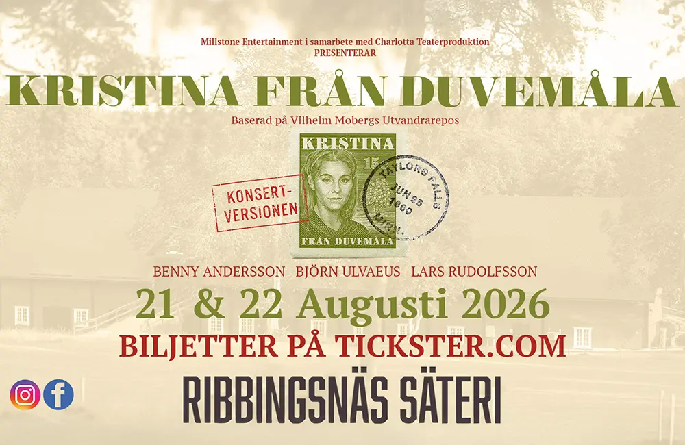 Affisch för musikalen Kristina från Duvemåla i konsertversion, baserad på Vilhelm Mobergs utvandrarepos. Bilden visar en bakgrund med ett lantligt hus och träd i mjuka färger. I förgrunden står texten: Kristina från Duvemåla, baserad på Vilhelm Mobergs utvandrarepos.