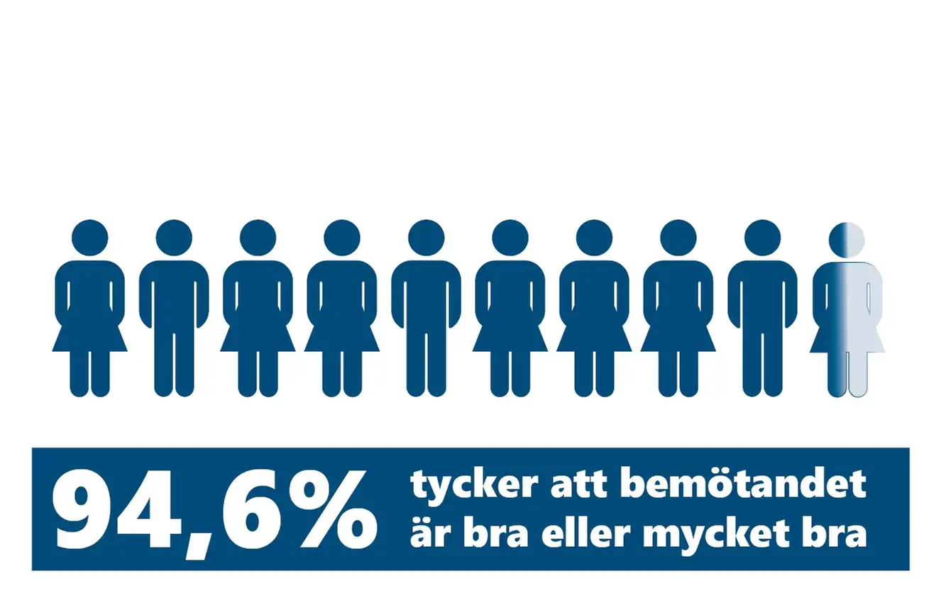 94,6% tycker att bemötandet från medarbetarna i arbetslaget varit bra eller mycket bra. 10 figurer färgare i blått och sista i halva vit för att representera procenten