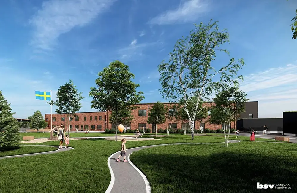 Projektbild för skola med byggnad och omgivning.