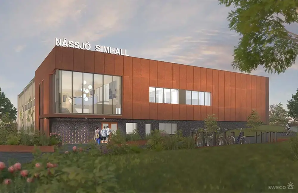 Illustration: Byggnad med rostfärgad plåt och skylt där det står Nässjö Simhall.