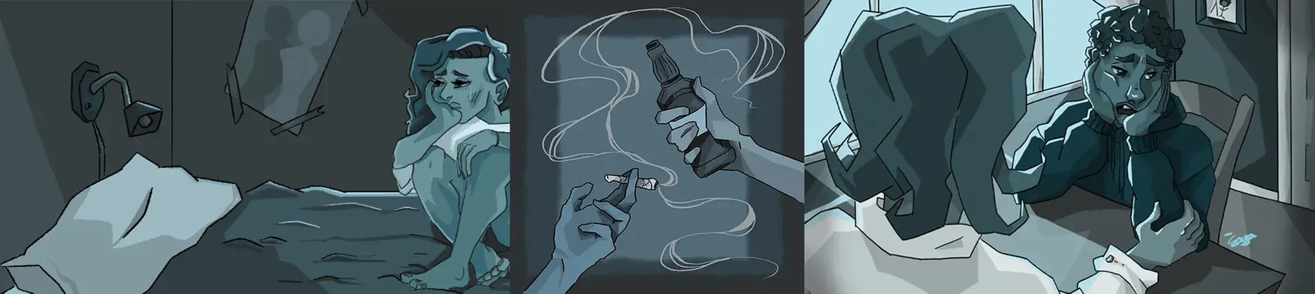 Ett montage av illustrationer av en ledsen flicka, händer som håller i en flaska och en cigarett samt en kvinna och en man som sitter vid et t bord i ett rum.