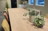 Rummet har behaglig färgsatta i jordnära toner. Här finns ett litet pentry med kaffekokare, glas, muggar och skedar.